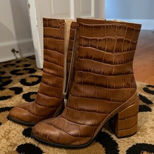 Dear Frances Brown Croc-Embossed Ankle Boots